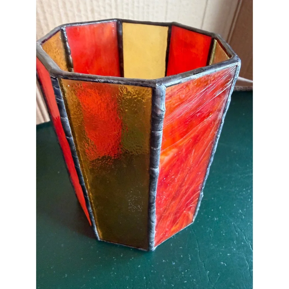 Vintage Stained Glass Octagon Candle Holder Orange Amber Slag Glass Planter